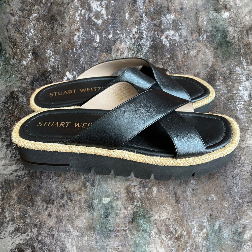 Stuart Weitzman size 7 Black Leather Crisscross Rope-Trim Sandals - Picture 5 of 8